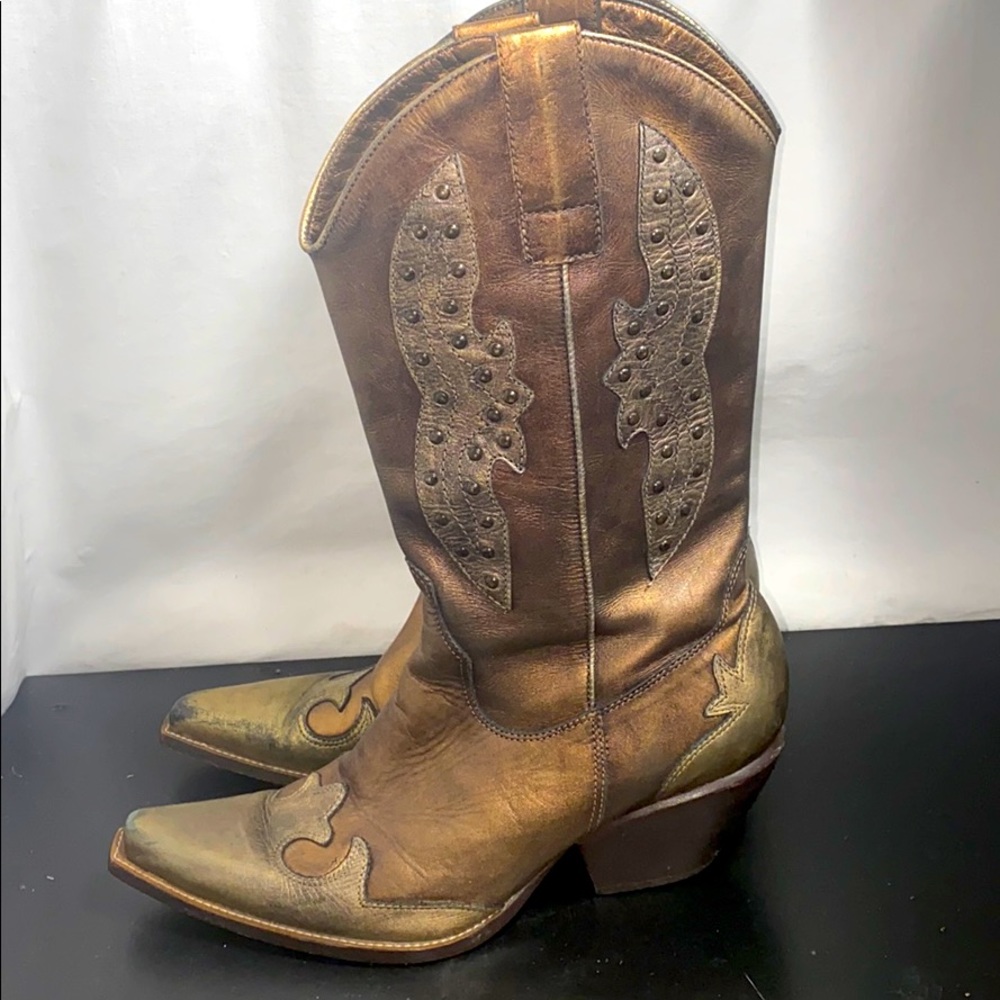 BCB Girls Gold Metallic Brown Cowboy Boots Sz 6